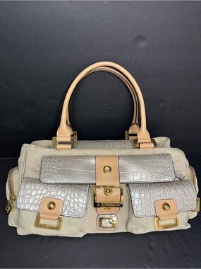 VTG Guess Beige Canvas Satchel w/ Faux Croc-Embossed Faux Leather Trim